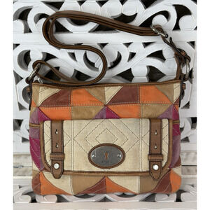 FOSSIL MADDOX Patchwork Canvas & Leather Multicolor Crossbody Messenger Bag